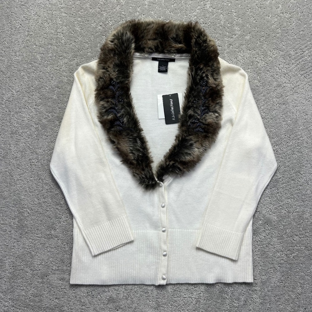 KB Collections Cardigan Sweater Womens Large White Beaded‎ Faux Fur Collar NWT